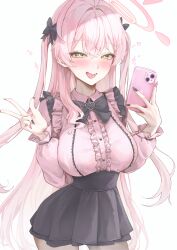  1girl :d absurdres black_bow black_nails black_skirt blue_archive bow breasts buttons cellphone center_frills commentary_request cowboy_shot frills green_eyes hachu_u1 hair_bow hanako_(blue_archive) heart_button highres holding holding_phone jirai_kei large_breasts long_hair long_sleeves open_mouth phone pink_hair pink_nails pink_shirt shirt simple_background skirt smartphone smile two_side_up w white_background 