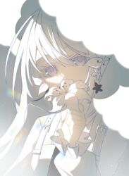  1girl bang_dream! bang_dream!_our_notes commentary flower hair_flower hair_ornament highres holding holding_flower long_hair long_sleeves shiomi_hotaru solo upper_body violet_eyes white_hair zhicha 