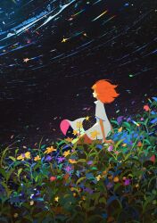  1girl black_cat blue_eyes boots cat child dress field flower flower_field from_side hat highres looking_afar medium_hair mengxuanliart night open_mouth orange_hair original outdoors profile sitting sky solo star_(sky) starry_sky white_boots white_dress white_hat wide_shot witch_hat 