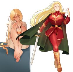 1girl absurdres alcohol bathrobe blonde_hair blue_eyes breasts char's_counterattack char_aznable collarbone collarbone_peek commentary_request cup drink drinking_glass feet genderswap genderswap_(mtf) gundam highres holding holding_cup holding_drink holding_sword holding_weapon inuno_misoni knees_up large_breasts multiple_views neo_zeon red_tunic shot_glass sword toes tunic weapon