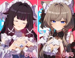  2girls animal_ear_fluff animal_ears black_hair black_ribbon blue_eyes bow bowtie breasts brown_hair cat_ears cat_girl closed_eyes closed_mouth columbina_(genshin_impact) commentary_request dress genshin_impact gloves hair_ornament hair_ribbon head_wings heart heart_hands highres long_hair mask medium_breasts multicolored_hair multiple_girls open_mouth pink_hair raramuda_0101 ribbon sandrone_(genshin_impact) white_bow white_bowtie white_dress white_gloves white_headdress white_mask white_ribbon wings x_hair_ornament 