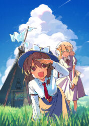  2girls album_cover asymmetrical_sidelocks black_hat black_skirt blonde_hair blue_sky blush bow brown_eyes brown_hair clouds cloudy_sky collared_dress commentary_request contrast_collar cover dress futoumeido grass hat hat_bow highres kerosene_lamp kneeling long_hair long_sleeves maribel_hearn mob_cap multiple_girls neck_ribbon necktie open_mouth pizuya's_cell purple_dress red_necktie red_ribbon ribbon ribbon-trimmed_skirt ribbon_trim salute sash shirt short_sleeves sidelocks skirt sky sleeve_garter standing tent textless_version touhou usami_renko white_bow white_hat white_sash white_shirt 