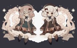  2girls acorn animal_ears beret black_bow black_bowtie book bow bowtie braid brown_dress brown_eyes brown_hair closed_mouth collared_dress commentary_request dark_background dress envelope frilled_socks frills glasses green_dress green_eyes grey_hair hair_bow hat heart highres juliet_sleeves lace-trimmed_sleeves lace_trim light_blush long_hair long_sleeves multiple_girls naiguozi open_book original patchwork_clothes plaid_clothes plaid_dress puffy_sleeves red_bow round_eyewear sheep sheep_ears sheep_girl short_hair socks sparkle twin_braids white_bow white_hair wide_sleeves 