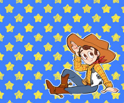 1boy animal_print animification brown_hair cow_print cowboy cowboy_hat hat long_sleeves male_focus nhbzzdy open_mouth sheriff_woody shirt short_hair simple_background smile solo star_(sky) starry_sky_background toy_story vest 