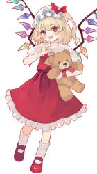 1girl absurdres ascot blonde_hair blush bow collared_shirt commentary_request crystal crystal_wings fang flandre_day flandre_scarlet frilled_shirt_collar frilled_skirt frills full_body hat hat_bow highres holding holding_stuffed_toy looking_at_viewer mary_janes mob_cap multicolored_wings niseneko_(mofumofu_ga_ienai) one_side_up open_mouth red_bow red_eyes red_shoes red_skirt red_vest revision shirt shoes simple_background skirt skirt_set socks solo stuffed_animal stuffed_toy teddy_bear touhou vest white_background white_hat white_shirt white_socks wings yellow_ascot 