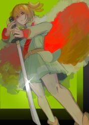  1girl belt belt_buckle black_border blonde_hair border brown_belt buckle cape closed_mouth commentary daiba_nana dutch_angle feet_out_of_frame from_below frown fur-trimmed_cape fur_trim glint gradient_border green_background grey_jacket grey_skirt hair_between_eyes hair_ribbon half-closed_eyes highres holding holding_sword holding_weapon jacket katana long_sleeves looking_at_viewer looking_down outside_border pleated_skirt red_cape red_sash ribbon sash short_hair short_twintails shoujo_kageki_revue_starlight shoulder_sash single_horizontal_stripe skirt solo standing striped_clothes striped_skirt sword tassel twintails weapon xo_wawawa 