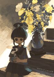  1girl 2024 ahoge ahoge_girl_(jimini_shijimi) artist_name blue_eyes blue_hair blue_neckerchief blue_sailor_collar blue_serafuku blue_skirt blunt_bangs closed_mouth commentary_request cup dated dim_lighting flower highres holding holding_cup hot_drink indoors jimini_shijimi mug neckerchief no_pupils on_stairs original pleated_skirt sailor_collar school_uniform serafuku short_eyebrows short_hair short_sleeves sidelocks sitting skirt solo vase 