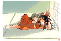  2girls ascot barefoot black_hair blush bow closed_eyes commentary detached_sleeves english_commentary frilled_bow frilled_hair_tubes frills green_hair hair_tubes hakurei_reimu hand_on_another's_head highres horns indoors knee_up kokechankokko komainu_girl komano_aunn long_hair midriff multiple_girls red_bow red_shirt red_skirt saliva shirt shouji single_horn skirt sleeping sliding_doors tatami toenails toes touhou yellow_ascot 