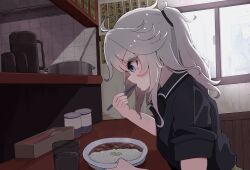  1girl absurdres bi_(bi_trip_machine) black_shirt blue_eyes chopsticks collared_shirt commentary_request counter cup curry curry_rice eating flipped_hair food from_side grey_hair highres holding holding_chopsticks indoors kasukabe_tsumugi long_hair menu profile restaurant rice shirt short_sleeves solo upper_body voicevox window 