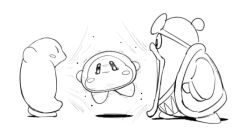  1boy bags_under_eyes blush_stickers coat commentary_request floating from_side full_body fur-trimmed_coat fur_trim furry furry_male greyscale hat hayashialata inhaling king_dedede kirby kirby_(series) long_sleeves looking_at_viewer monochrome no_mouth open_clothes open_coat open_mouth profile simple_background sketch standing straight-on waddle_dee white_background |_| 