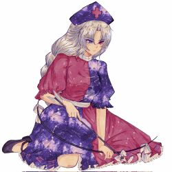  1girl alternate_eye_color arrow_(projectile) black_shoes blue_eyes bow_(weapon) breasts character_name constellation_print corrupted_twitter_file curtained_hair dress expressionless frilled_dress frilled_sleeves frills full_body galaxy_print hat heterochromia highres holding holding_arrow holding_bow_(weapon) holding_weapon large_breasts long_hair nekotorine nurse_cap parted_bangs puffy_short_sleeves puffy_sleeves purple_dress purple_hat red_dress red_eyes shoes short_sleeves simple_background sitting solo touhou two-tone_dress very_long_hair weapon white_background white_hair yagokoro_eirin 