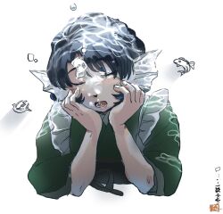  1girl air_bubble blue_hair blush bubble closed_eyes commentary fingernails fins fish green_kimono head_fins head_on_hands japanese_clothes kimono kokechankokko lower_teeth_only obi obijime open_mouth sash short_hair solo teeth touhou underwater untranslatable_commentary upper_body wakasagihime 