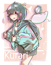  1girl alarm_clock backpack bag black_hair black_shorts blush border bright_pupils character_name clock commentary_request cowboy_shot double-parted_bangs drop_shadow green_jacket hair_between_eyes highres holding_strap iyowa_girls jacket kurari-chan_(iyowa) kyu-kurarin_(cevio) long_sleeves looking_at_viewer open_clothes open_jacket open_mouth outside_border pink_background pink_eyes shirt short_hair shorts sidelocks solo song_name tetenka white_border white_pupils white_shirt 
