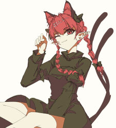  1girl animal_ear_fluff animal_ears bow breasts cat_ears cat_tail closed_mouth commentary_request dress extra_ears green_bow green_dress hair_bow highres jja_na juliet_sleeves kaenbyou_rin long_hair long_sleeves multiple_hair_bows multiple_tails nekomata one_eye_closed pointy_ears puffy_sleeves red_eyes red_hair simple_background single_paw_pose small_breasts smile solo tail touhou two_tails white_background 
