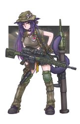 1girl animal_ears assault_rifle bad_source black_boots blue_shorts boonie_hat boots brown_shirt cat_ears cat_girl cropped_shirt earpiece green_eyes gun hand_on_own_hip handgun hat highres holding holding_gun holding_weapon knee_guards leaning_forward long_hair m1911 original purple_hair rifle rocket_launcher shirt short_shorts short_sleeves shorts soldier solo sweatdrop tail thigh-highs very_long_hair weapon weapon_request zap-nik 