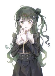  1girl :3 akiha_school_uniform bang_dream! bang_dream!_yumemita black_shirt black_skirt chinese_commentary closed_mouth commentary_request cowboy_shot green_eyes green_hair hair_bun hair_ornament hairclip hands_up highres iimajo long_hair long_sleeves looking_at_viewer mole mole_under_mouth one_side_up own_hands_together school_uniform shirt simple_background single_side_bun skirt solo steepled_fingers viola_(bang_dream!) white_background x_hair_ornament 