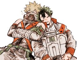  2boys bakugou_katsuki bare_shoulders belt black_pants black_shirt boku_no_hero_academia briefcase buckle collared_jacket commentary_request crossed_arms detached_sleeves fukami_(hk3) gloves green_belt green_gloves grey_jacket head_on_another's_shoulder high_collar highres holding holding_briefcase jacket looking_to_the_side male_focus midoriya_izuku multicolored_shirt multiple_boys multiple_scars one_eye_closed orange_gloves orange_shirt orange_trim pants parted_lips scar scar_on_cheek scar_on_face scar_on_hand shirt sideways_glance simple_background sitting snap-fit_buckle superhero_costume two-sided_gloves white_background 