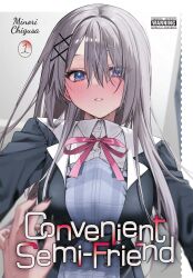  2girls absurdres artist_name black_nails blue_eyes blue_jacket blurry blush breasts character_pov chigusa_minori collared_shirt commentary copyright_name cover cover_page depth_of_field dress_shirt english_commentary english_text female_pov from_below gradient_nails grey_hair hair_between_eyes hair_ornament hair_over_one_eye hamanasu_ruka highres indoors jacket koutsugou_semi-friend kuruma_suuna large_breasts long_hair looking_at_viewer looking_down manga_cover multiple_girls neck_ribbon nervous_sweating parental_advisory parted_lips pink_ribbon pov pov_hands purple_nails ribbon shirt sidelocks solo_focus sweat sweatdrop upper_body white_shirt x_hair_ornament yuri 