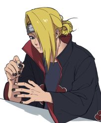  1boy akatsuki_uniform black_headband black_nails black_robe black_shirt blonde_hair commentary deidara_(naruto) grey_eyes hair_bun hair_over_one_eye headband highres holding_nail_polish_brush long_hair male_focus nail_polish naruto_(series) naruto_shippuuden red_trim robe sasukete_ninja shirt solo untranslatable_commentary updo upper_body white_background 
