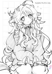  1girl absurdres ahoge animal_ears arknights blush character_name dosei_no_kozika dress eyjafjalla_(arknights) eyjafjalla_the_hvit_aska_(arknights) greyscale grid_background hair_ornament heart highres horizontal_pupils horns long_hair long_sleeves monochrome official_alternate_costume seiza sheep_ears sheep_girl sheep_horns simple_background sitting sleeves_past_fingers sleeves_past_wrists smile solo white_background 