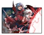  bad_id battle blue_hair izayoi_sakuya magic no_hat no_headwear open_mouth red_eyes remilia_scarlet shigure_(love_letter) silver_hair torn_clothes touhou wince wings wink 
