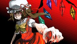  1girl blonde_hair blood commentary_request crystal_wings flandre_scarlet hat mob_cap nyago1006 reaching reaching_towards_viewer red_eyes red_ribbon red_skirt red_vest ribbon short_sleeves side_ponytail skirt slit_pupils touhou vampire vest wings yellow_ribbon 