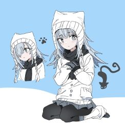  1girl animal_ear_headwear beanie black_cat black_pantyhose black_scarf black_shoes blue_background blush bright_pupils buttons cardigan cat closed_mouth commentary dalidari27 earflap_beanie flipped_hair full_body gloves grey_eyes grey_gloves grey_skirt grey_socks hair_between_eyes hair_over_one_eye hat highres kimi_no_koto_ga_dai_dai_dai_dai_daisuki_na_100-nin_no_kanojo layered_legwear long_hair long_sleeves looking_at_viewer loose_socks miniskirt mishiro_kogoe multiple_views ohananomitsu_high_school_uniform one_eye_covered pantyhose paw_print pleated_skirt raised_inner_eyebrows scarf school_uniform seiza shoes sitting skirt socks socks_over_pantyhose split_mouth two-tone_background untranslatable_commentary white_background white_cardigan white_hat white_pupils white_socks 
