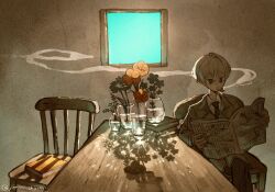  1boy artist_name black_necktie black_pants blue_sky chair cigar coat collared_shirt commentary_request crossed_bangs crossed_legs dark-skinned_male dark_skin flower hair_between_eyes highres holding holding_newspaper indoors instagram_username jimini_shijimi long_sleeves necktie newspaper on_chair original pants reading shadow shirt short_hair sitting skeb_username sky smoke smoking solo table twitter_username vase white-haired_man_(jimini_shijimi) white_hair window 