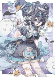  1girl animal_ear_fluff animal_ears animal_hands bat_wings border braid cat_ears character_request closed_mouth commentary_request commission copyright_request cross-shaped_pupils dress ghost gloves grey_eyes grey_hair hair_between_eyes hat highres kiiro_ryo layered_dress long_hair_between_eyes looking_at_viewer multicolored_hair outside_border paw_gloves puffy_short_sleeves puffy_sleeves pumpkin short_dress short_sleeves side_braid solo symbol-shaped_pupils two-tone_hair white_border white_hair wings witch_hat 