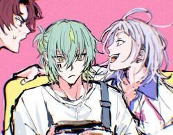  3boys ahoge aqua_hair blonde_hair closed_mouth ear_piercing earphones facial_tattoo holding holding_phone male_focus mikoshiba_kenta mo_onl multicolored_hair multiple_boys natsume_ryu official_alternate_costume official_alternate_hairstyle open_mouth paradox_live phone piercing pink_background ponytail red_eyes red_hair shirt short_hair sugasano_allen sweat tattoo two-tone_hair violet_eyes white_hair white_shirt yellow_eyes 