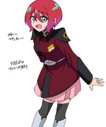  1girl amate_yuzuriha aqua_eyes black_thighhighs breasts cosplay gundam gundam_gquuuuuux gundam_seed gundam_seed_destiny jacket long_sleeves looking_at_viewer lunamaria_hawke lunamaria_hawke_(cosplay) military military_uniform miniskirt open_mouth pink_skirt red_hair simple_background skirt smile solo thigh-highs utinogohan210 white_background zaft_uniform 