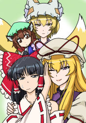  4girls absurdres animal_ear_fluff animal_ear_piercing animal_ears animal_hat ascot black_eyes black_hair blonde_hair blue_tabard bow brown_eyes brown_hair cat_ears chen closed_mouth commentary_request detached_sleeves dress earrings fox_tail frilled_bow frilled_hair_tubes frills green_background green_hat hair_bow hair_tubes hakurei_reimu hat hat_ribbon highres hoop_earrings hug jewelry kitsune long_hair mob_cap multiple_girls multiple_tails one_eye_closed parody purple_tabard red_bow red_ribbon red_vest ribbon ribbon-trimmed_sleeves ribbon_trim sake51962752 shirt single_earring smile style_parody sweatdrop tabard tail touhou very_long_hair vest violet_eyes white_dress white_hat white_shirt yakumo_ran yakumo_yukari yellow_ascot yellow_dress yellow_eyes yellow_hat yuri 