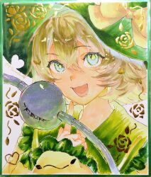 1girl absurdres bow collared_shirt commentary_request disembodied_linked_eye eyeball floral_print frilled_shirt_collar frilled_sleeves frills green_eyes green_hair green_hat hair_between_eyes hat hat_bow highres komeiji_koishi long_sleeves looking_at_viewer oftooon open_mouth portrait rose_print shikishi shirt smile solo touhou traditional_media wide_sleeves yellow_bow yellow_shirt 