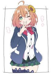  1girl ;) ahoge black_thighhighs blue_jacket blush bow bowtie brown_hair closed_mouth commentary_request green_eyes green_skirt honma_himawari honma_himawari_(1st_costume) ixy jacket looking_at_viewer nijisanji one_eye_closed open_clothes open_jacket plaid_clothes plaid_skirt red_bow red_bowtie school_uniform shirt short_hair skirt smile solo thigh-highs thigh_gap virtual_youtuber white_background white_shirt zettai_ryouiki 