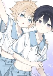  2boys alternate_costume antenna_hair basil_(faraway)_(omori) basil_(omori) black_eyes black_hair blonde_hair blue_eyes closed_mouth collarbone commentary double-parted_bangs ggggg27227 hair_between_eyes hand_on_another's_shoulder highres looking_at_viewer male_focus multiple_boys navel omori parted_lips short_hair sidelocks sunny_(omori) 