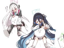  >_< 2girls aqua_halo aris_(blue_archive) black_hairband black_skirt blazer blue_archive blue_necktie blush bow carrying collared_shirt commentary_request doodle_sensei_(blue_archive) double-parted_bangs green_halo hair_between_eyes hair_bow hairband half_updo halo jacket kei_(blue_archive) kei_(student)_(blue_archive) long_hair_between_eyes loosely_tucked_bangs multicolored_jacket multiple_girls necktie one_side_up out_of_frame peanut_mouth pink_eyes pink_halo pleated_skirt rectangular_halo sensei_(blue_archive) shirt shoulder_carry siblings sisters skirt ten3_ooo translation_request two-tone_jacket white_jacket white_shirt 