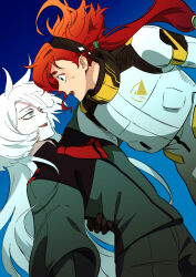  2girls absurdres asticassia_school_uniform blue_background commentary_request cowboy_shot eye_contact facing_another from_side gloves gradient_background green_eyes green_jacket green_shorts grey_eyes gundam gundam_suisei_no_majo hair_tie hair_tubes hairband hand_on_another's_waist highres holding_another's_waist jacket kamji korean_commentary long_hair long_sleeves looking_at_another mecha_pilot_suit miorine_rembran multiple_girls necktie normal_suit_(gundam) open_mouth ponytail red_hair school_uniform shorts shoulder_boards smile spacesuit suletta_mercury thick_eyebrows white_hair wide_sleeves yuri 