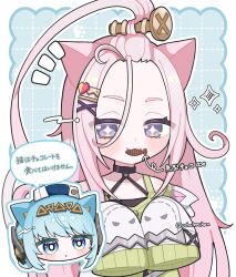  2girls ahoge aino_(genshin_impact) android animal_ears bangs_pinned_back blue_eyes blue_hair cat_ears closed_mouth coat food_in_mouth forehead genshin_impact hair_between_eyes hair_ornament hairclip highres huge_ahoge ineffa_(genshin_impact) kemonomimi_mode large_forehead long_hair long_sleeves multiple_girls open_mouth pink_hair robot_ears robot_girl screw_hair_ornament sleeves_past_fingers sleeves_past_wrists smile tenchan_080515 upper_body very_long_hair violet_eyes 