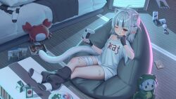  1girl absurdres ahoge animal_ears bean_bag_chair bed bedroom black_hair bloodborne blunt_bangs blush cat_ears cat_tail controller crt drag-on_dragoon drag-on_dragoon_3 drink_carton fpvjoe full_body game_controller gawr_gura grey_eyes highres holding holding_controller holding_game_controller hololive hololive_english indie_virtual_youtuber juice_box kaniki_(sameko_saba) mousetrap multicolored_hair nier nier:automata nier_(series) one_eye_closed pointy_ears second-party_source shirt short_hair sitting smile socks streaked_hair stuffed_toy t-shirt table tail television tongue tongue_out virtual_youtuber white_hair white_shirt yona_(vtuber) 