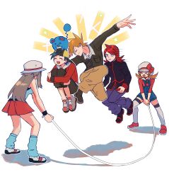  >_< 2girls 3boys :d absurdres backwards_hat baseball_cap black_jacket black_shirt black_shorts blue_oak blue_overalls blue_pants blue_shirt bomber_jacket bow brown_hair brown_pants ethan_(pokemon) hat hat_bow highres holding holding_jump_rope jacket jewelry jump_rope jump_rope_template_(meme) kash-phia kneehighs leaf_(pokemon) long_hair long_sleeves loose_socks lyra_(pokemon) marill meme midair multiple_boys multiple_girls newsboy_cap open_mouth overalls pants pokemon pokemon_(creature) pokemon_heartgold_and_soulsilver posing red_bow red_hair red_jacket red_skirt shirt short_hair shorts silver_(pokemon) skirt sleeveless sleeveless_shirt smile socks spiky_hair template white_hat white_socks wristband xd 
