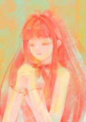  1girl absurdres aqua_background bloom_poetry_(shining_nikki) blunt_bangs bow bowtie chinese_commentary closed_eyes closed_mouth commentary_request dot_nose dress happy highres interlocked_fingers jingyanyan light_particles long_hair long_sidelocks long_sleeves nikki_(nikki) nikki_(series) orange_background own_hands_clasped own_hands_together painterly pinafore_dress pink_dress pink_hair red_bow red_bowtie see-through_clothes see-through_sleeves shining_nikki shirt sidelocks sleeveless sleeveless_dress smile solo turtleneck turtleneck_shirt two-tone_background upper_body vertical-striped_sleeves very_long_hair white_shirt 