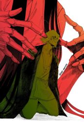  bankai bleach blood blood_from_eyes commentary_request facial_hair hair_between_eyes highres japanese_clothes kannonbiraki_benihime_aratame_(bankai) kimono kneeling layered_kimono long_hair nar_nantoka parted_lips stitched_face stitches stubble twitter_username urahara_kisuke white_background 