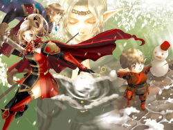  2boys 2girls adventurer_(ff11) armor bags_under_eyes black_gloves blonde_hair blue_eyes boots breasts brown_hair cape closed_eyes coat cobblestone commentary_request elf elvaan final_fantasy final_fantasy_xi gloves halfling hat holding holding_sword holding_weapon kiyose_nodoka light_smile long_hair medium_breasts multicolored_boots multiple_boys multiple_girls parted_bangs pointy_ears ponytail red_cape red_coat red_hat short_hair shoulder_armor snowman sword tarutaru thigh_boots two-tone_boots vambraces wavy_hair weapon 