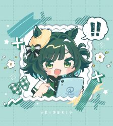  ! !! 1girl animal_ears blush bow commentary_request ears_through_headwear flower green_eyes green_hair green_shirt hair_between_eyes hat hat_bow holding holding_stylus holding_tablet_pc horse_ears horse_girl kiseki_(umamusume) mch_m0n0 multicolored_hair open_mouth shirt short_hair short_sleeves smile solo spoken_exclamation_mark streaked_hair stylus tablet_pc umamusume white_streaks yellow_hat 