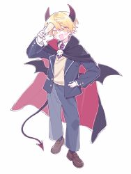  1boy :d black_cape black_jacket black_pants blazer blonde_hair blush brown_shoes cape cardigan champagne_flute commentary cup demon_boy demon_horns demon_tail demon_wings diagonal-striped_clothes diagonal-striped_necktie drinking_glass fangs full_body hand_on_own_hip hand_up highres holding holding_cup horns jacket kamiyama_high_school_uniform_(project_sekai) layered_sleeves loafers long_sleeves looking_at_viewer low_wings male_focus necktie open_clothes open_jacket open_mouth orange_eyes pants pointy_ears project_sekai red_cape school_uniform shoes short_hair simple_background skin_fangs smile solo standing striped_clothes striped_necktie tail tenma_tsukasa two-sided_cape two-sided_fabric untranslatable_commentary v-shaped_eyebrows white_045 white_background wings yellow_cardigan 