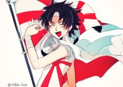  1boy :d ^_^ bandaged_wrist bandages black_hair clenched_hand closed_eyes commentary_request flag flag_print hand_up headband jacket jacket_on_shoulders light_blush male_focus open_clothes open_jacket open_mouth print_shirt qniokun rising_sun_flag shirt short_hair simple_background smile sogiita_gunha solo spiky_hair sun_print sunburst teeth toaru_majutsu_no_index two-tone_shirt upper_body upper_teeth_only white_background white_headband white_jacket white_shirt 