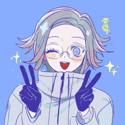  2boys :d animal_ears aotsuki_eito black_gloves chibi commentary_request crossed_legs double_v dual_persona glasses gloves goat_boy goat_ears goat_horns grey_hair hands_up highres horns hsh7955 jacket korean_commentary looking_at_viewer male_focus multiple_boys one_eye_closed purple_background round_teeth short_hair simple_background smile sparkle teeth the_hundred_line_-last_defense_academy- upper_body upper_teeth_only v violet_eyes white_jacket 