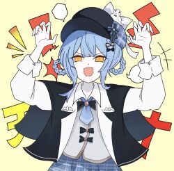  1girl :d bird_hat_ornament black_bow black_bowtie black_capelet black_hat blue_hair blue_necktie blue_skirt bow bowtie braid braided_hair_rings capelet claw_pose collared_shirt commentary_request deerstalker grey_vest hair_bow hair_rings hat hat_bow highres long_sleeves looking_at_viewer m782blue mahou_shoujo_no_majo_saiban necktie open_mouth plaid_clothes plaid_skirt shirt short_hair skirt smile solo straight-on tachibana_sherry upper_body vest white_shirt yellow_background yellow_eyes 