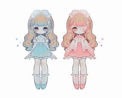  2girls bandaid bandaid_on_leg blonde_hair blue_eyes blue_hair blue_shoes blue_skirt bow bowtie braid buttons cardigan closed_mouth collared_shirt commentary_request cross-laced_clothes cross-laced_sleeves crown_braid curly_hair dot_mouth eyepatch footwear_ribbon frilled_bow frilled_shirt frilled_skirt frilled_sleeves frilled_socks frills full_body gradient_eyes gradient_hair hair_ornament heart heart_eyepatch heart_ornament high-waist_skirt leg_ribbon long_hair multicolored_eyes multicolored_hair multiple_girls naiguozi open_cardigan open_clothes original pink_cardigan pink_eyes pink_hair pink_shoes pink_skirt puffy_short_sleeves puffy_sleeves rabbit_hair_ornament ribbon shirt shoes short_sleeves skirt socks straight-on very_long_hair white_background white_shirt 