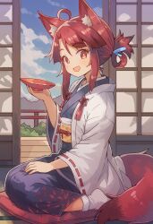  1girl :d ahoge animal_ear_fluff animal_ears blue_kimono blush commentary_request cup folded_ponytail fox_ears fox_girl fox_tail full_body highres holding holding_cup japanese_clothes kimono long_sleeves looking_at_viewer obi open_mouth original red_eyes red_hair sakazuki sash short_hair shouji sidelocks sitting sliding_doors smile socks solo tail white_socks wide_sleeves yellow_sash yukinagi 